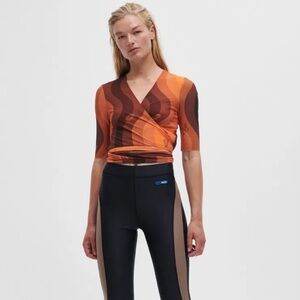 Ganni Printed Mesh Wrap Blouse in orange peel sz 4 US; 34 EU